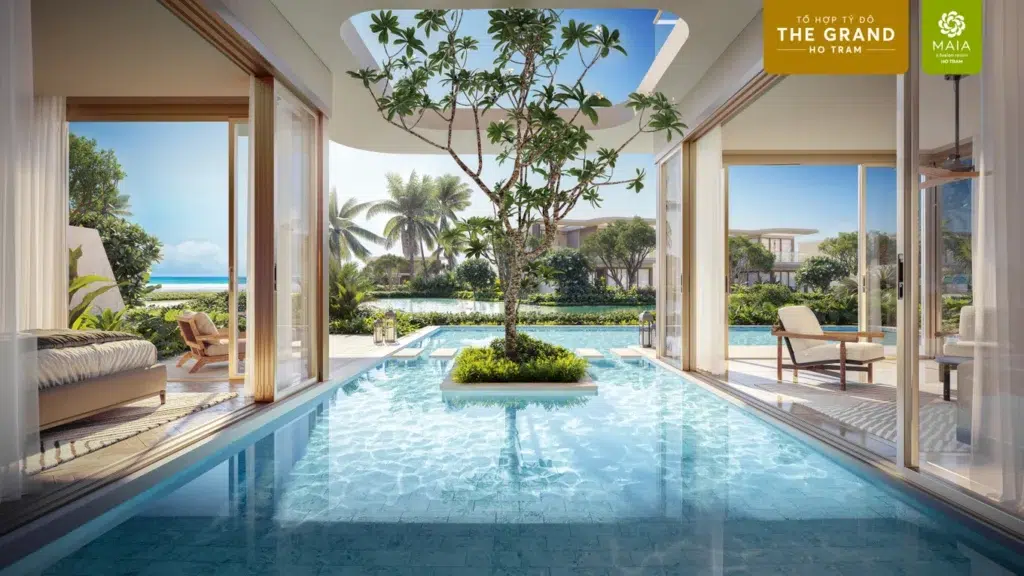 Villa 3 phong ngu voi thiet ke mo bao quanh boi mat nuoc trong xanh cua ho boi va ho canh quan truoc nha